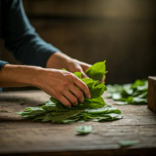 Manos artesanales seleccionando hojas verdes de insulina en taller rústico con luz natural